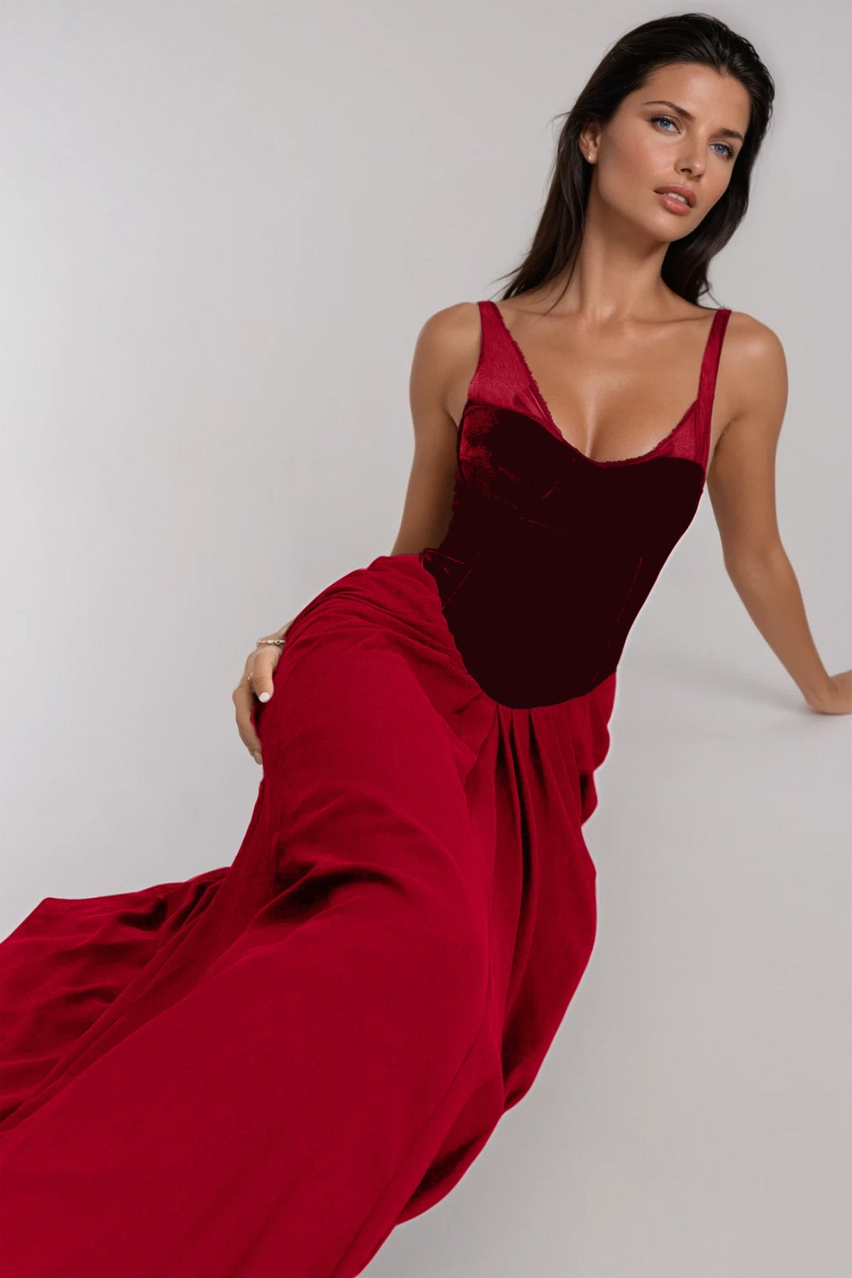 Boyan Mesh Ruch Maxi Dress In Red
