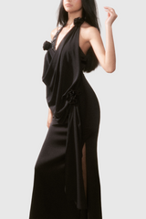 Branden Cowl Neck Flower Backless Maxi Dress In Black