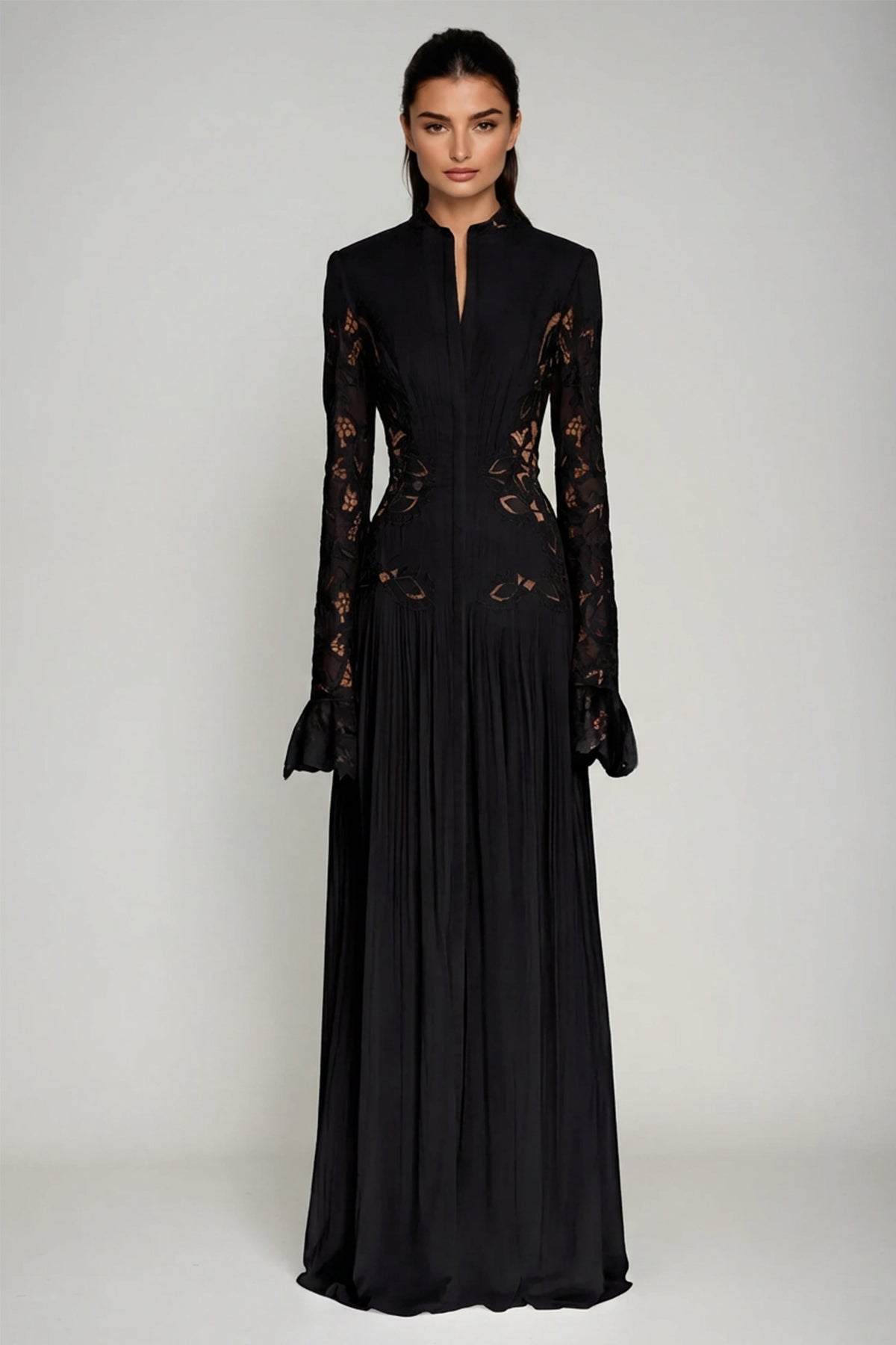 Caesarius Embroidered Ruch Lace Maxi Dress In Black