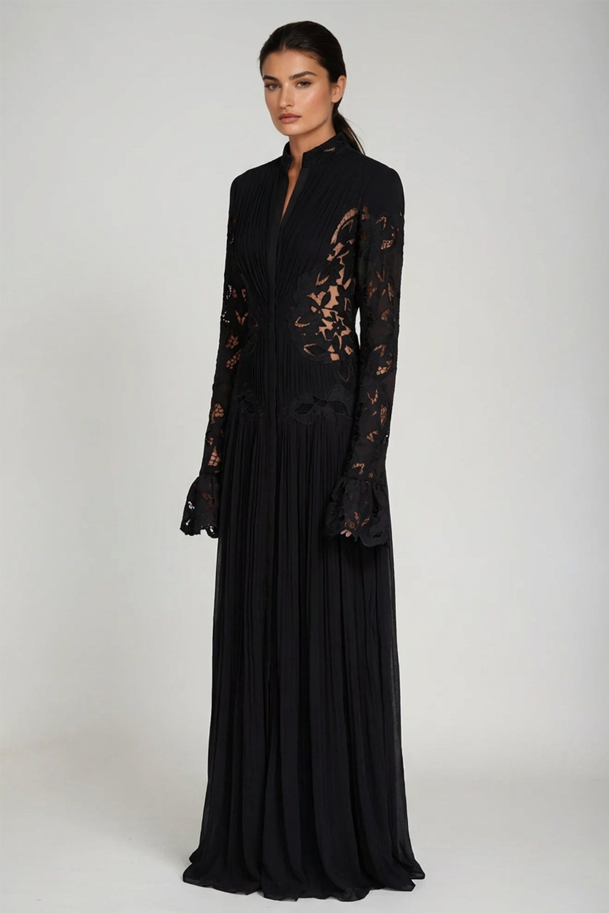 Caesarius Embroidered Ruch Lace Maxi Dress In Black