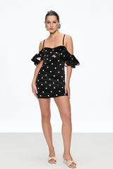 Caj Dot Off Shoulder Mini Dress In Black