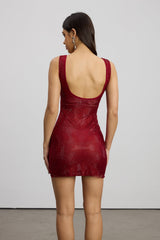 Caomh Rhinestone Mesh Mini Dress In Red