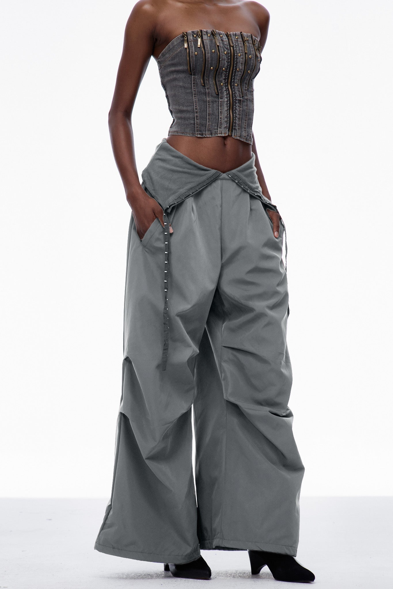 Carissa Lapel Barrel Pants In Grey