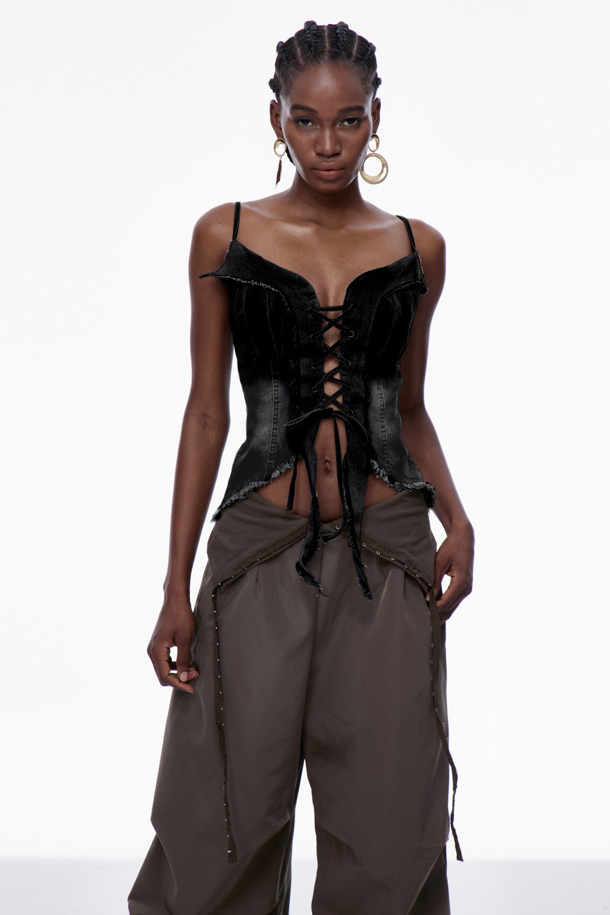 Carl Lace Up Fringe Denim Top In Black