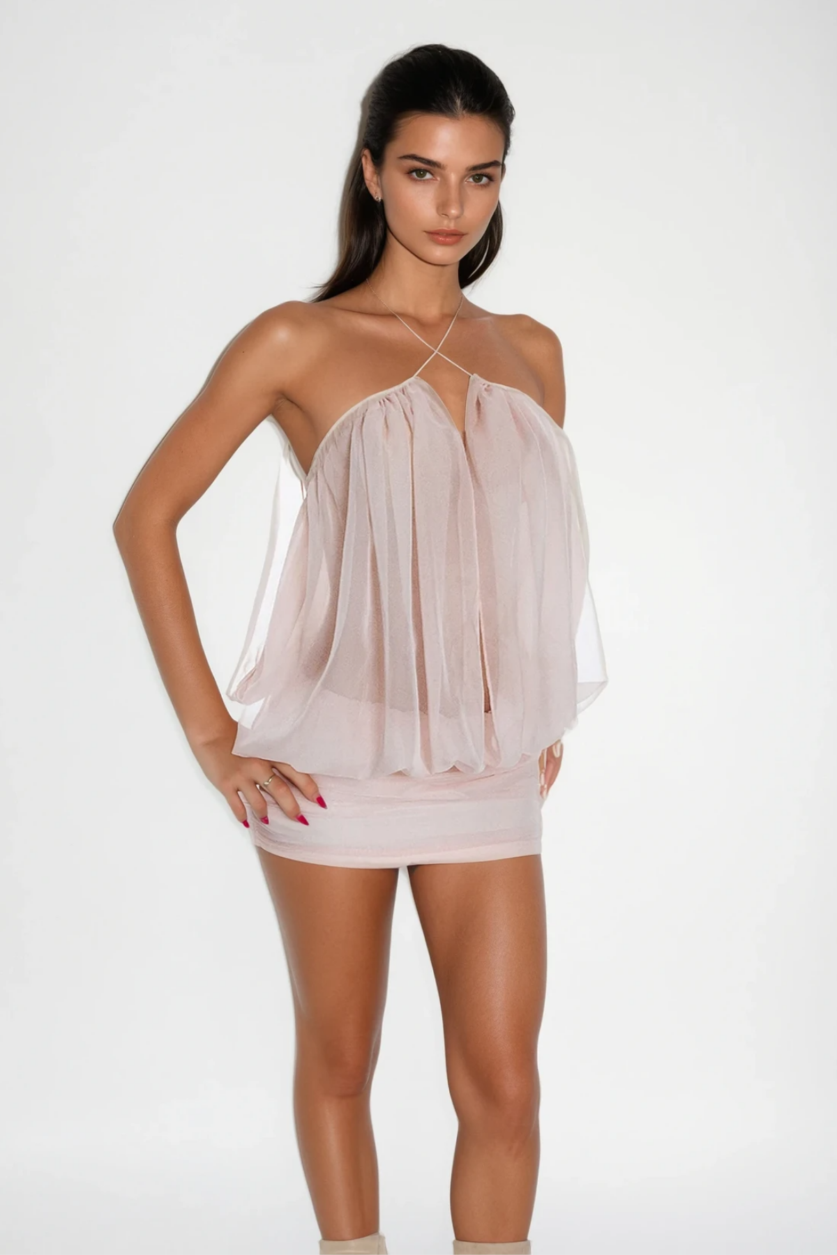Carola Mesh Ruch Plunge Mini Dress