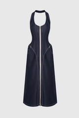 Cirillo Halter Neck Corset Denim Maxi Dress