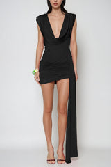 Claritia Cowl Neck Fringe Mini Dress In Black