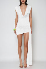 Claritia Cowl Neck Fringe Mini Dress In White