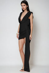 Claritia Cowl Neck Fringe Mini Dress In Black