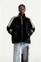 Edel Stand Collar Faux Fur Jacket In Black