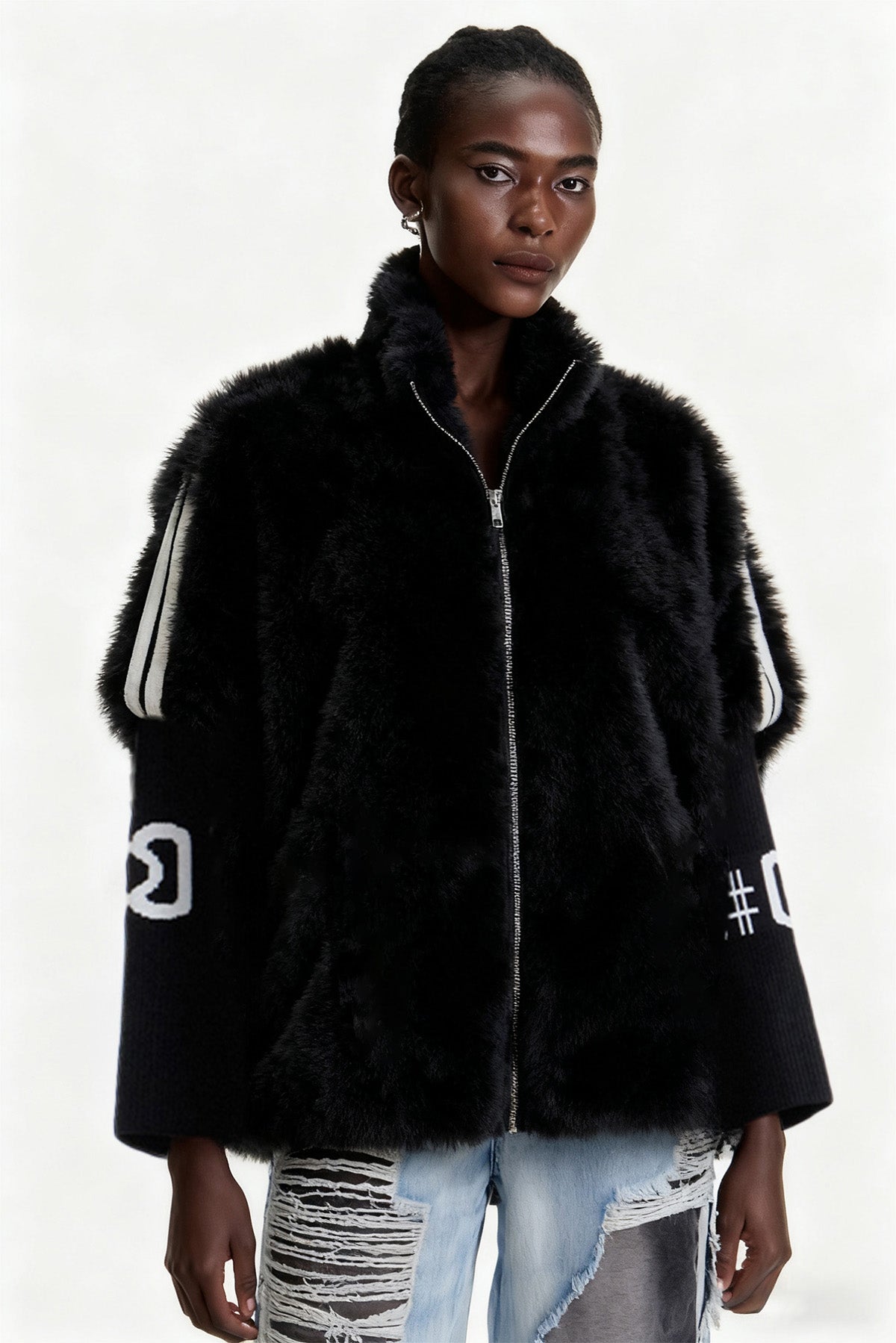 Edel Stand Collar Faux Fur Jacket In Black