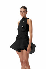Daireann Ruch Flower Mini Dress In Black