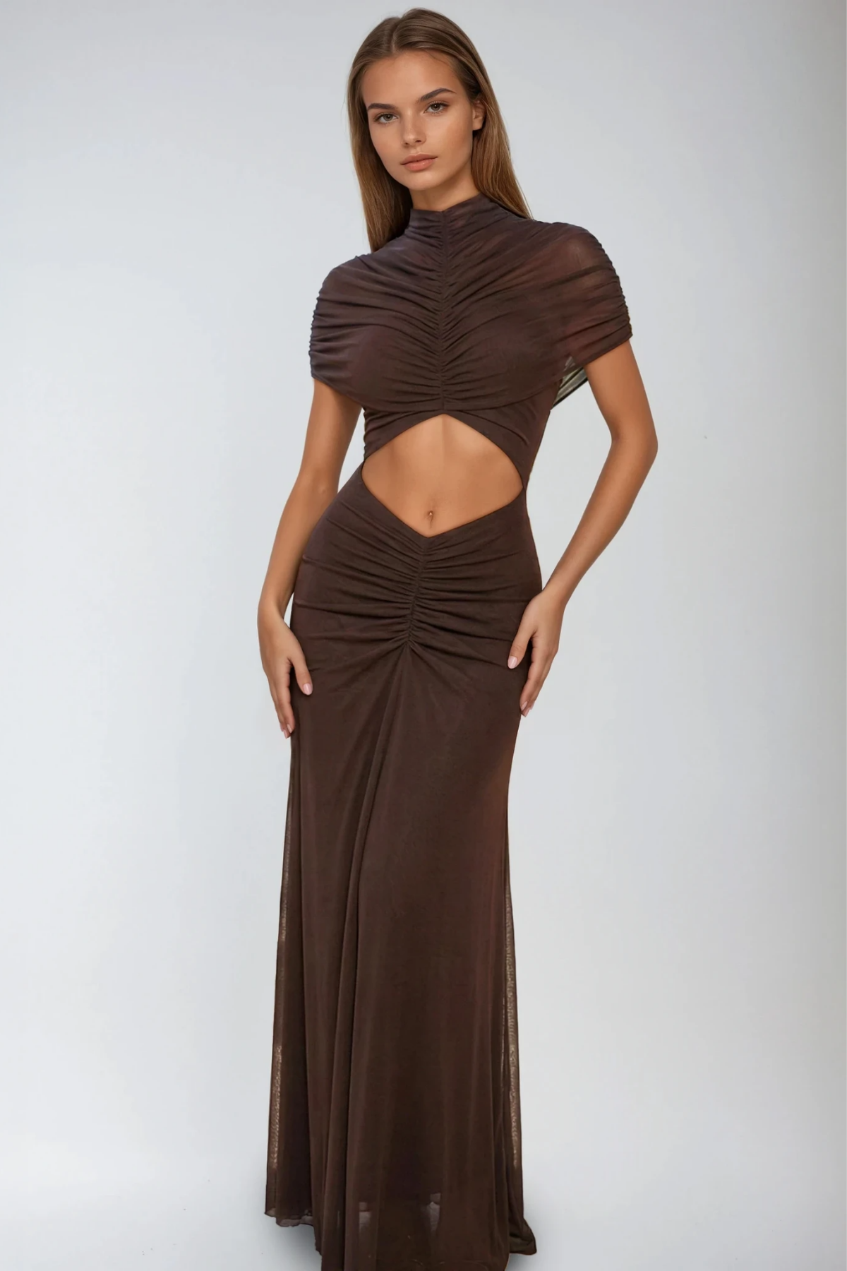 Dandi Ruch Cutout Mesh Maxi Dress