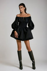 Daoud Off Shoulder Ruch Mini Dress In Black