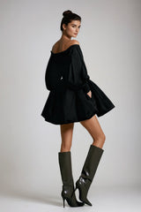 Daoud Off Shoulder Ruch Mini Dress In Black