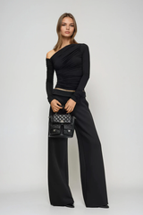 Darell One Shoulder Ruch Long Sleeve Top In Black