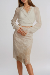 Dario V Neck Lace Skirt Set In White