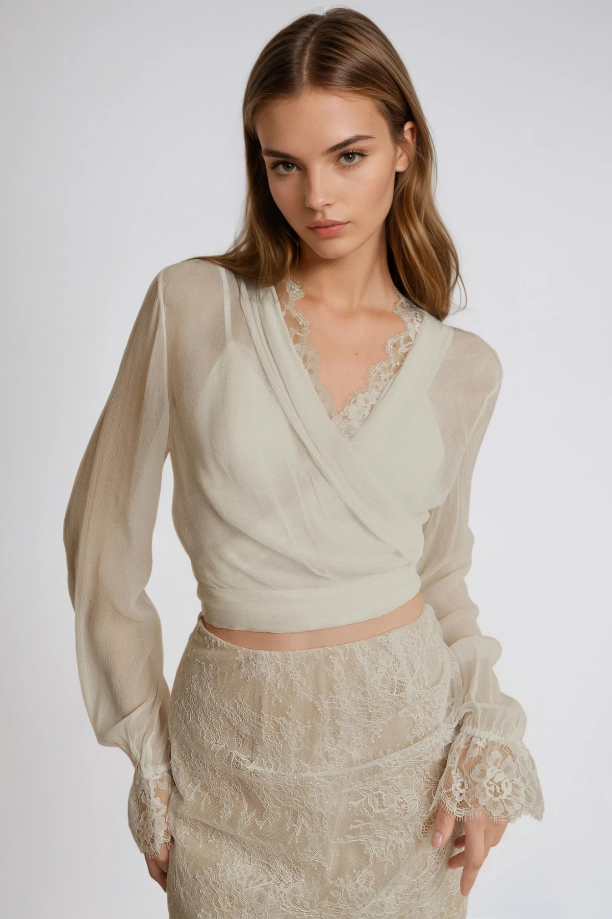 Dario V Neck Lace Skirt Set In White