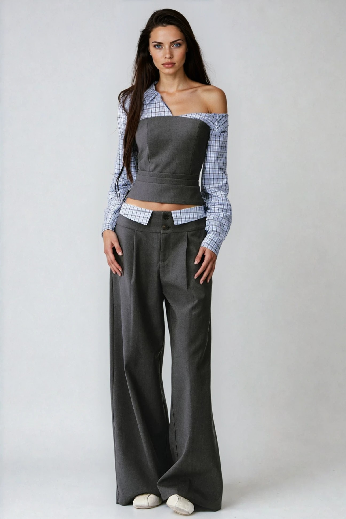 Darko One Shoulder Plaid Pants Set