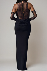 Darleen Cowl Neck Ruch Lace Maxi Dress In Black