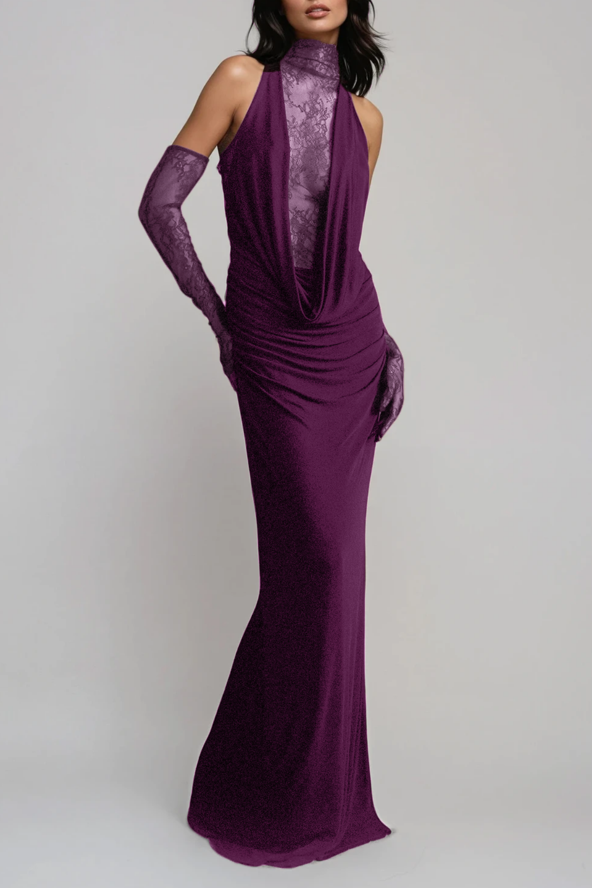 Darleen Cowl Neck Ruch Lace Maxi Dress In Purple