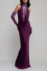 Darleen Cowl Neck Ruch Lace Maxi Dress In Purple