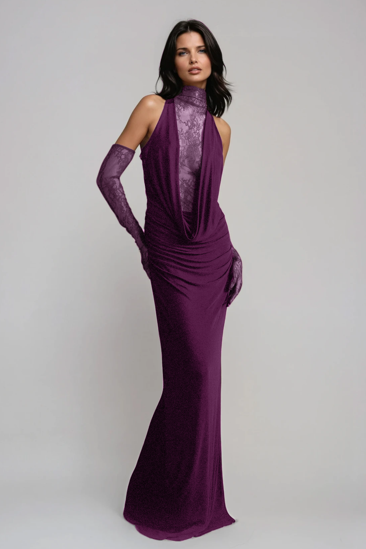 Darleen Cowl Neck Ruch Lace Maxi Dress In Purple