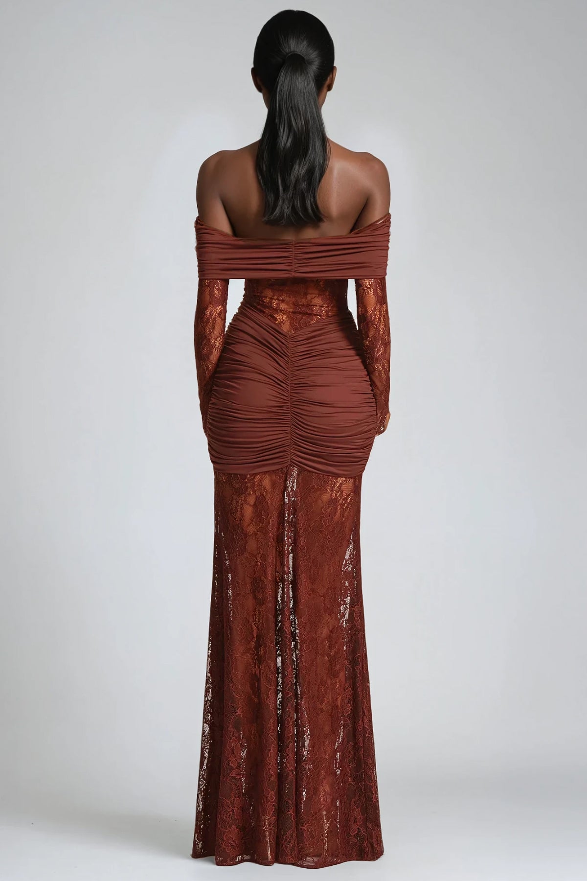 Darlene Strapless Ruch Lace Maxi Dress