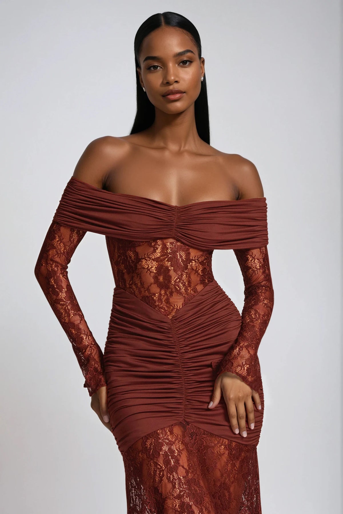 Darlene Strapless Ruch Lace Maxi Dress