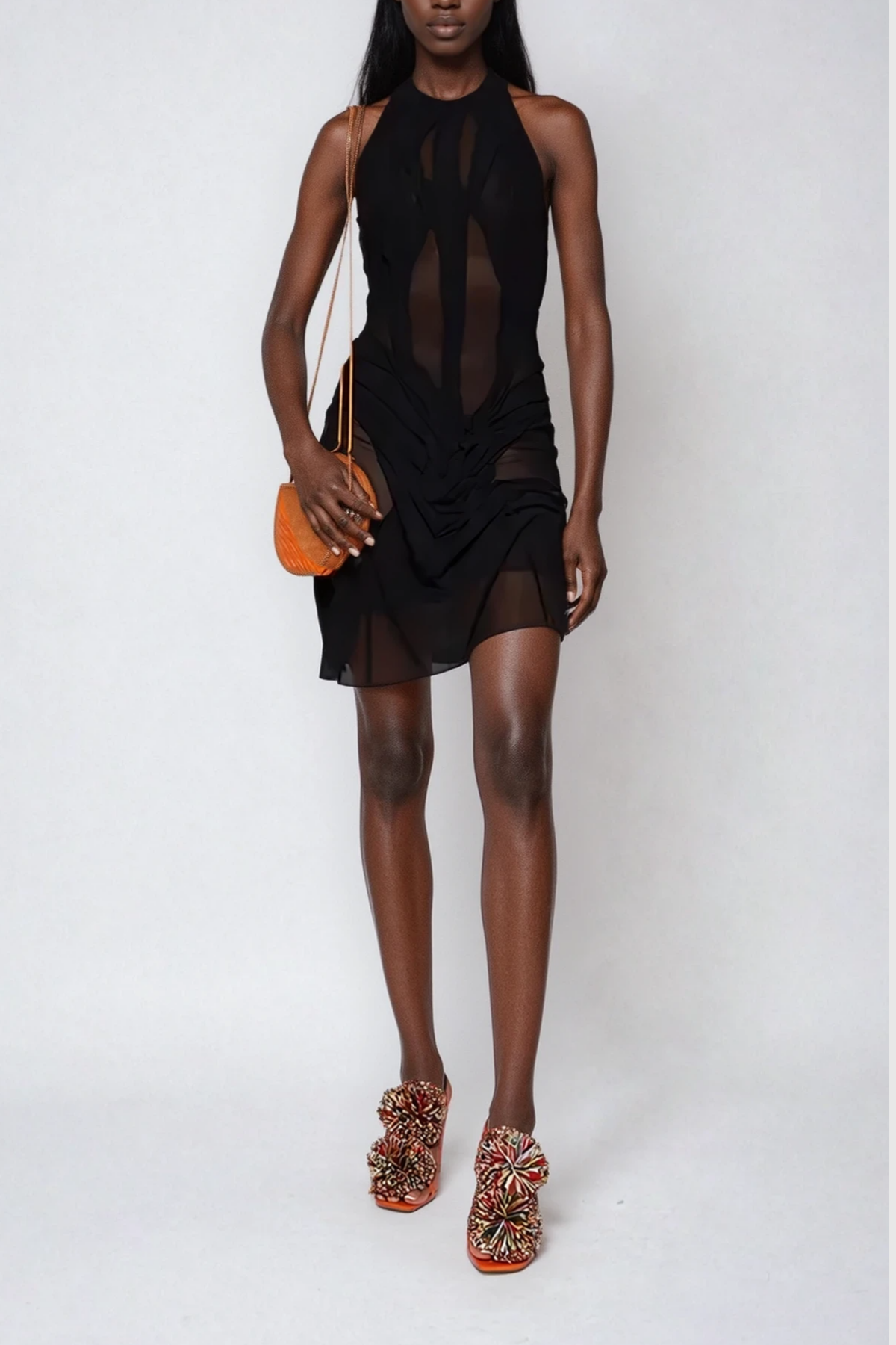 Davion Halter Neck Ruch Asymmetric Mini Dress In Black