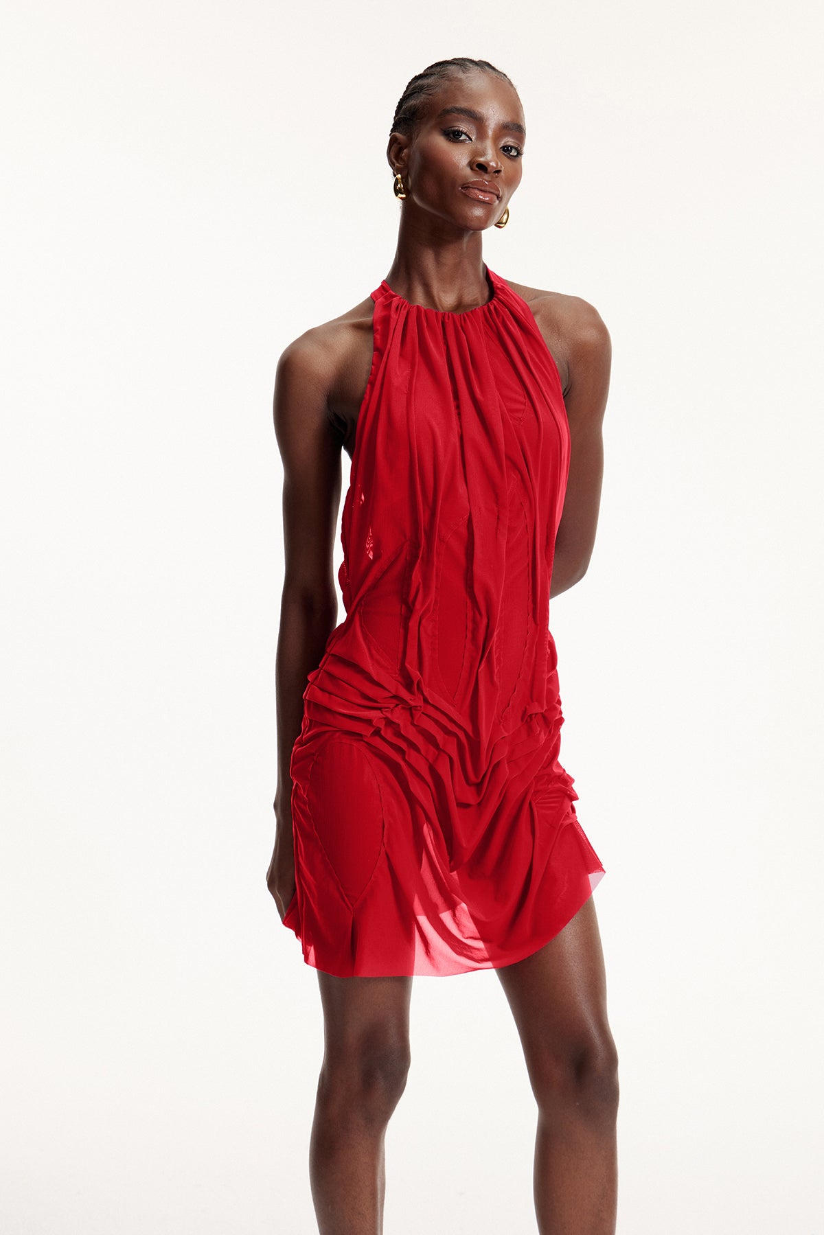Davion Halter Neck Ruch Asymmetric Mini Dress In Red