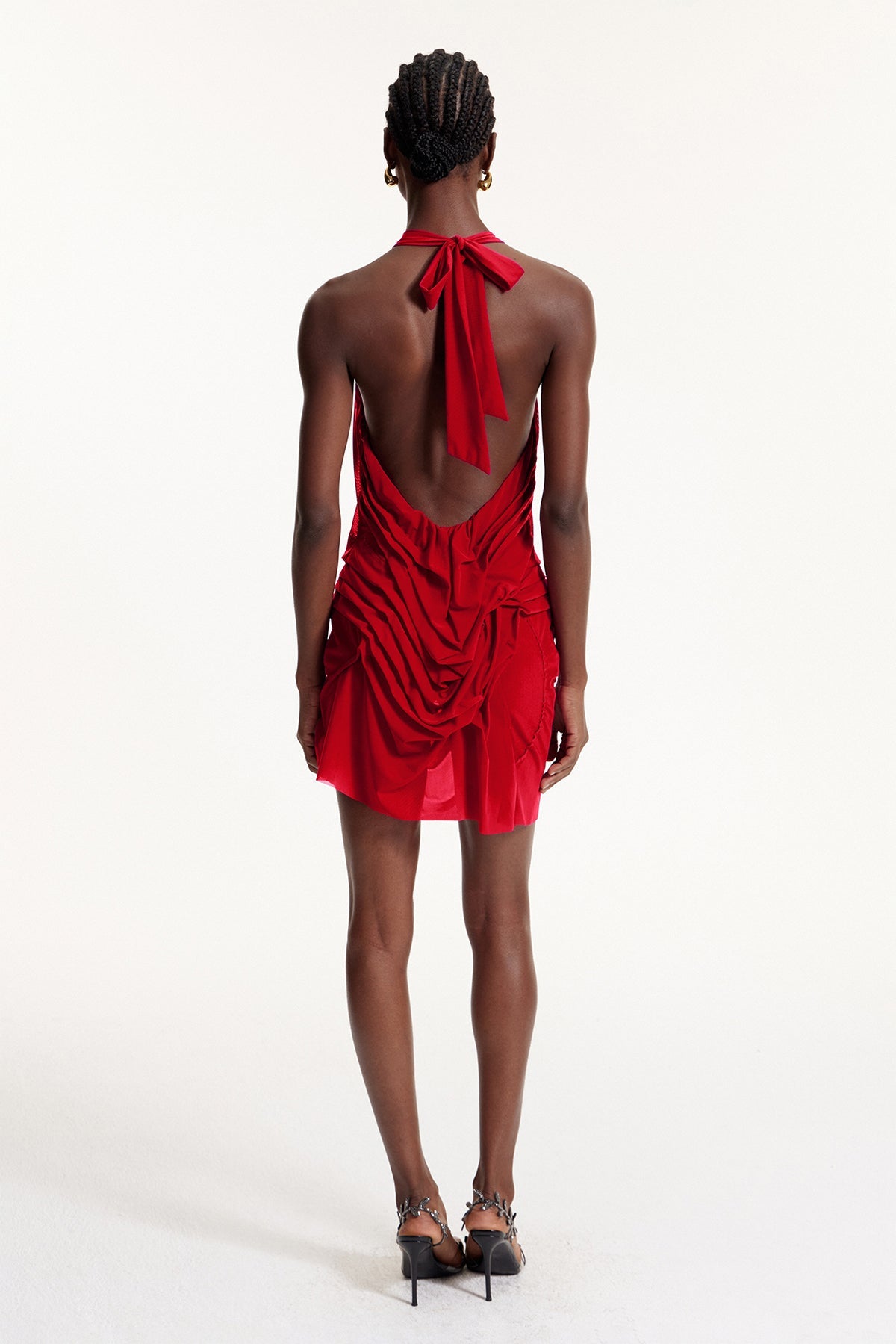Davion Halter Neck Ruch Asymmetric Mini Dress In Red