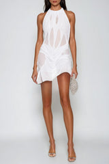 Davion Halter Neck Ruch Asymmetric Mini Dress In White