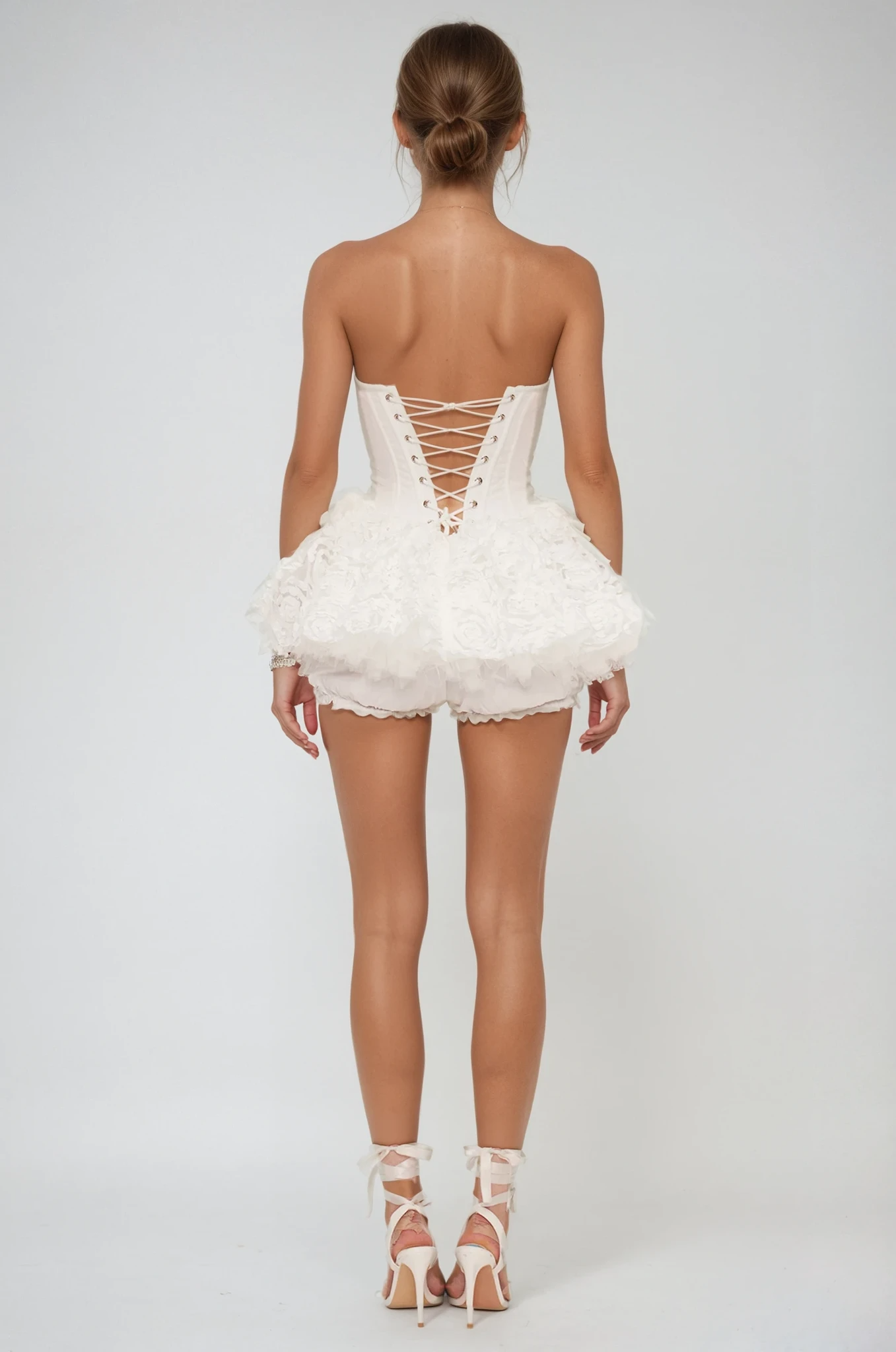 Daxton Corset Flower Puffy Mini Dress In White