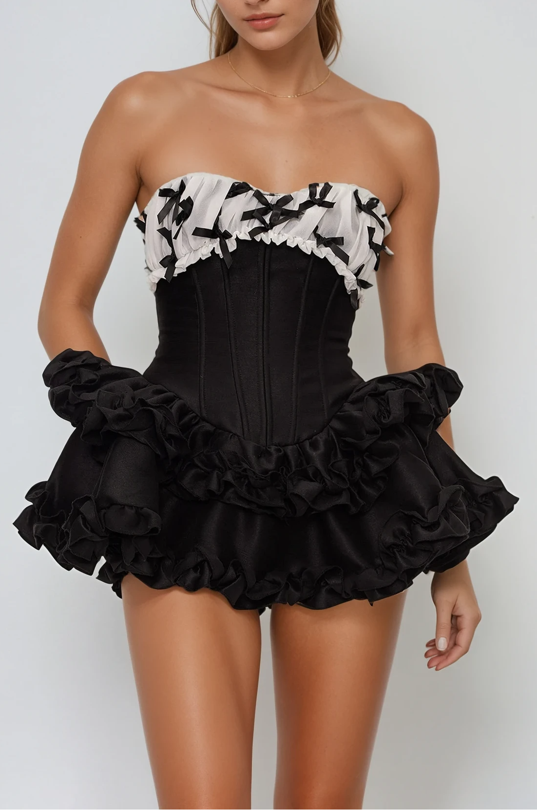 Daxton Strapless Corset Puffy Mini Dress In Black