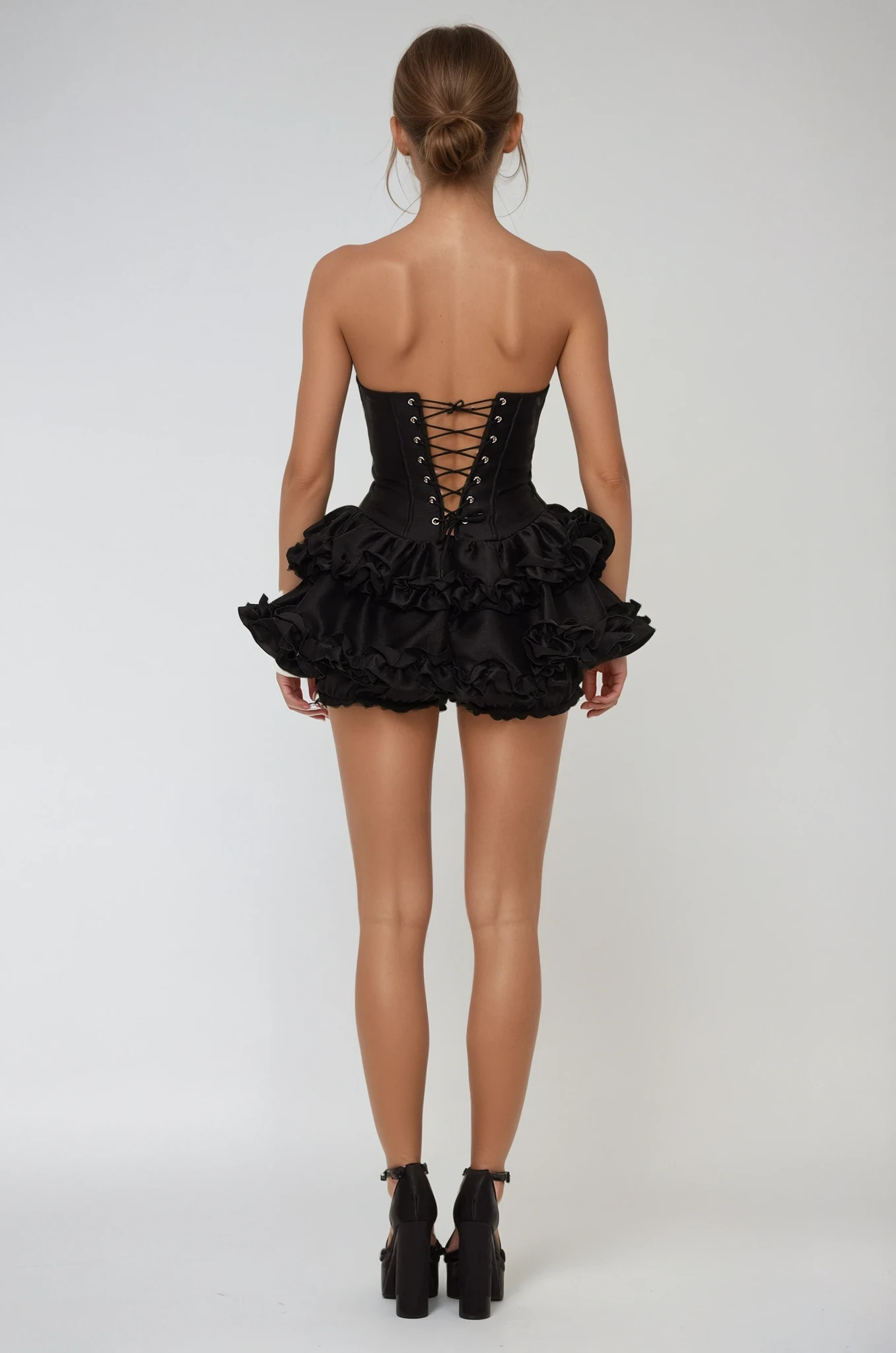 Daxton Strapless Corset Puffy Mini Dress In Black