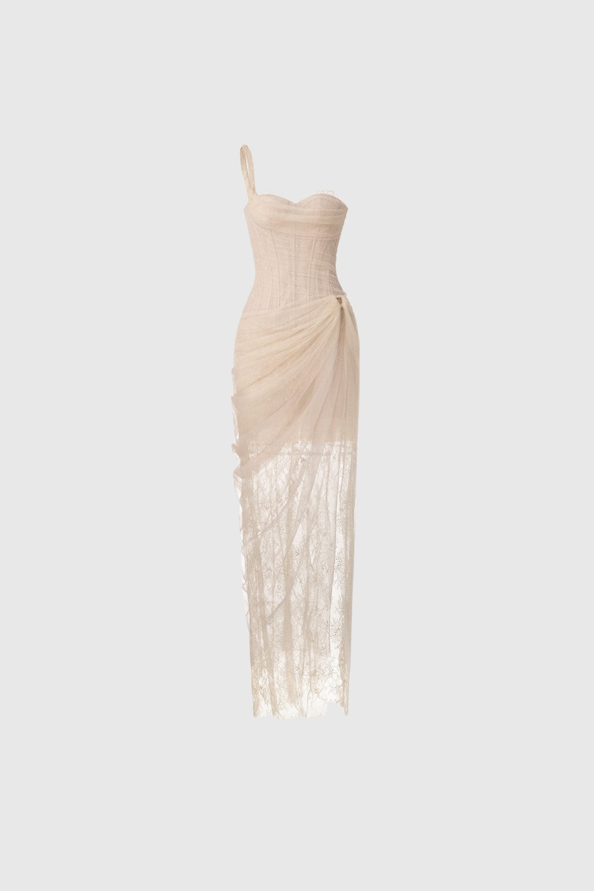 Dechen One Shoulder Corset Mesh Maxi Dress In Apricot