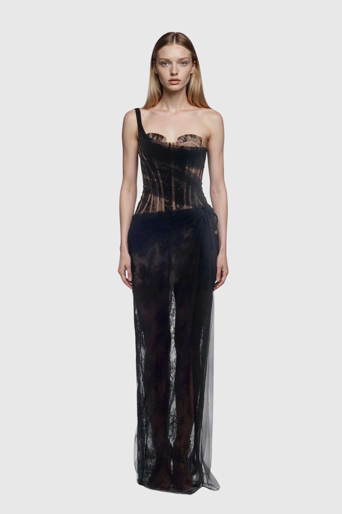 Dechen One Shoulder Corset Mesh Maxi Dress In Black