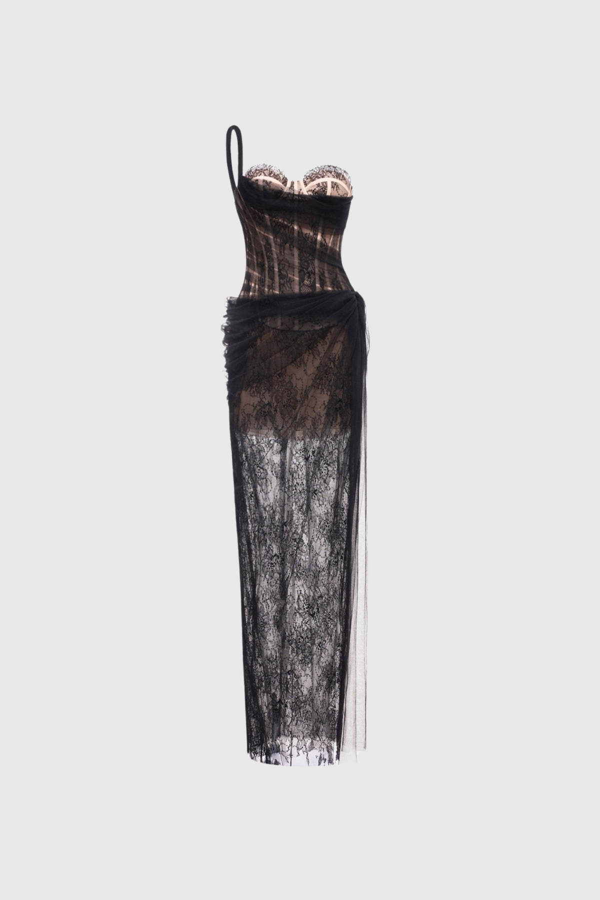 Dechen One Shoulder Corset Mesh Maxi Dress In Black