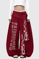 Deedee Tie Up Print Baggy Pants In Red