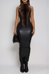 Deina Deconstruct Leather Faux Fur Midi Dress