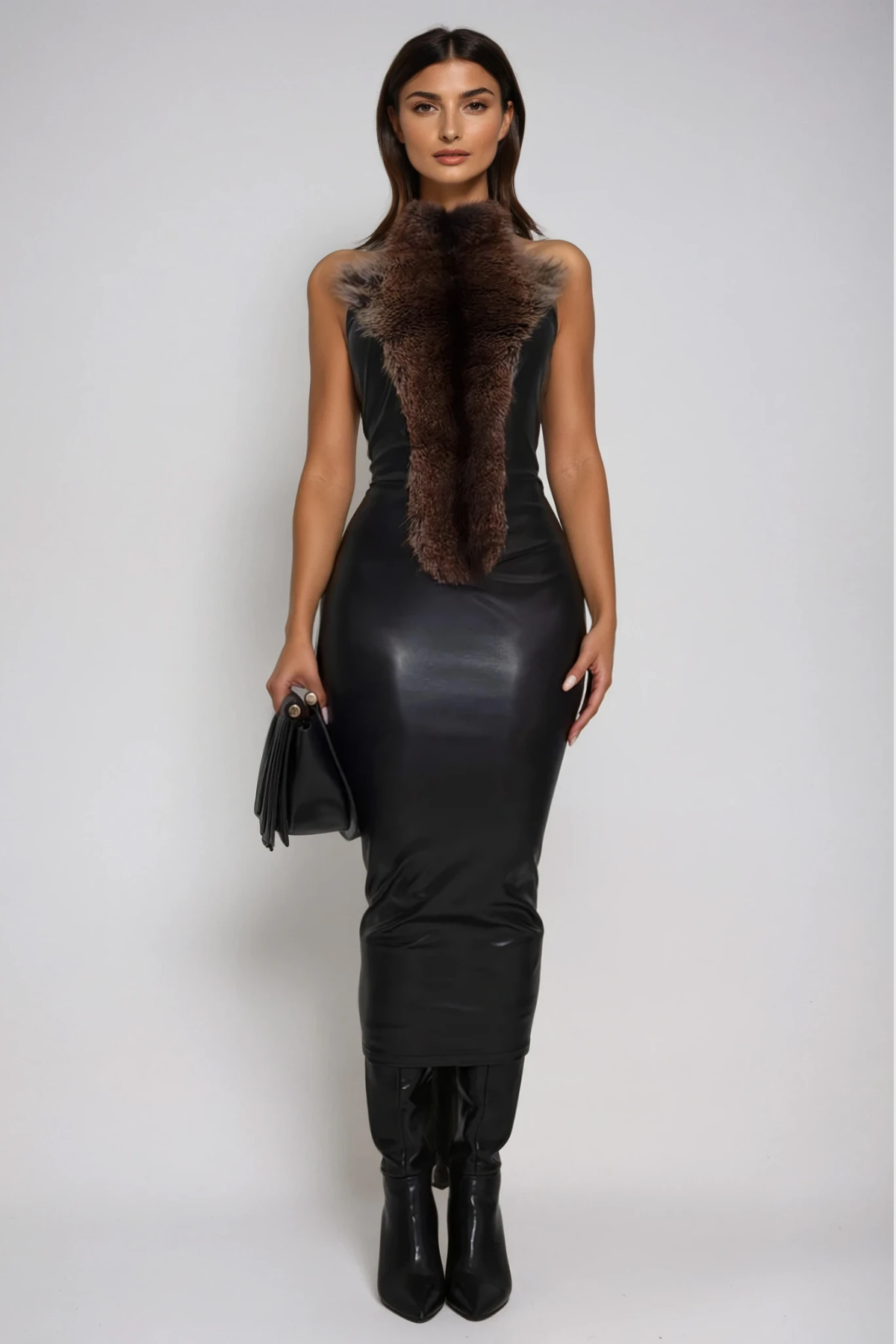 Deina Deconstruct Leather Faux Fur Midi Dress