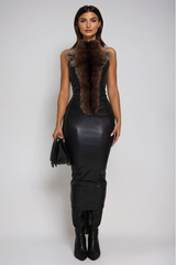 Deina Deconstruct Leather Faux Fur Midi Dress