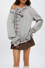 Derrick Asymmetric Bow Grid Top In Grey