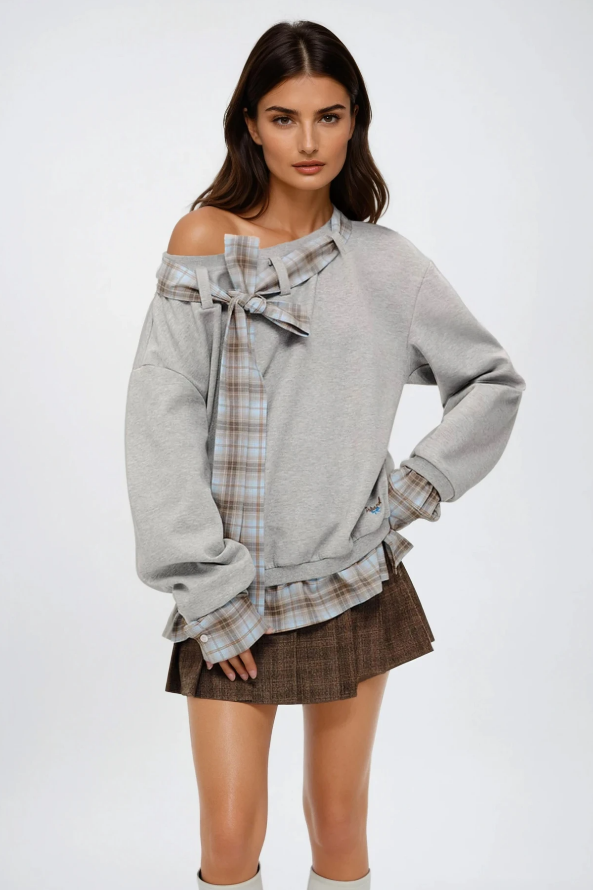 Derrick Asymmetric Bow Grid Top In Grey