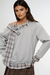 Derrick Asymmetric Bow Grid Top In Grey