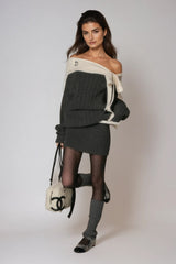 Devi Off Shoulder Bow Knit Mini Dress In Grey