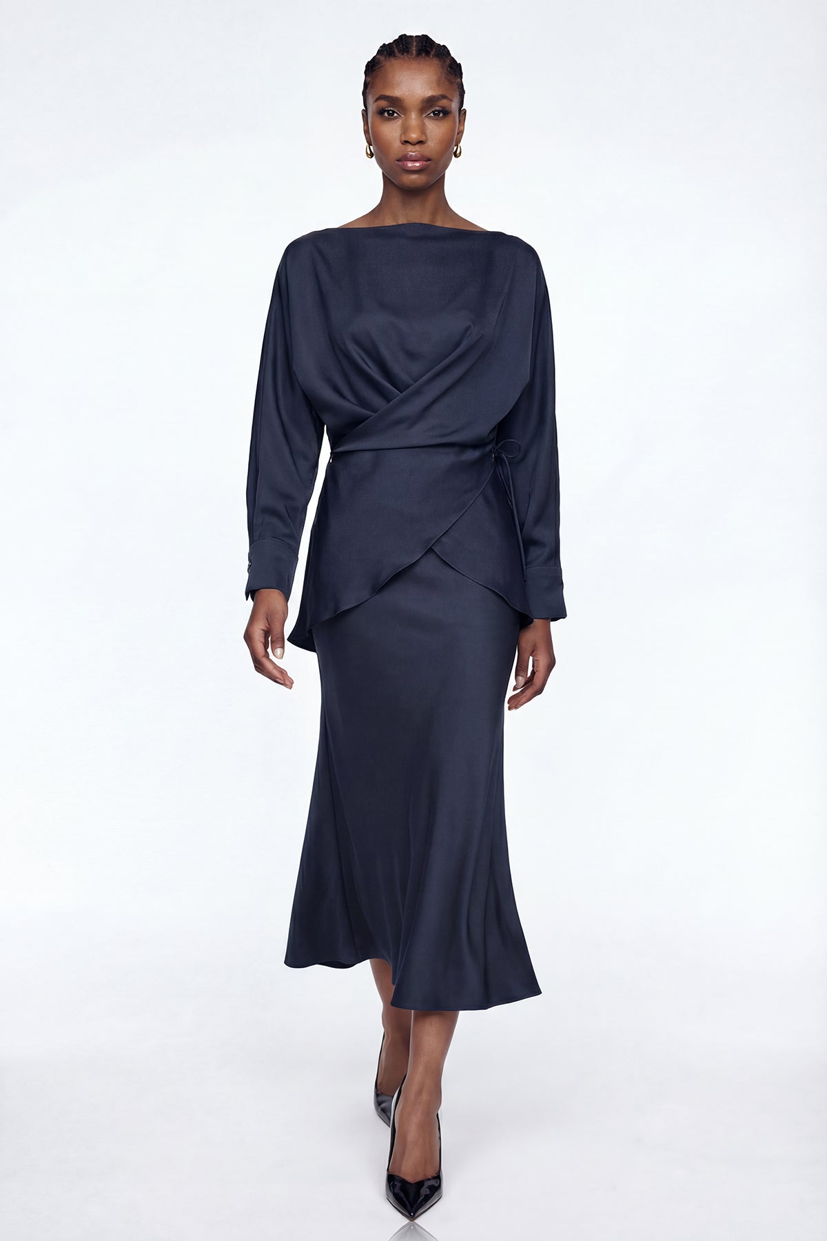 Diamantina Long Sleeve Ruch Skirt Set In Blue