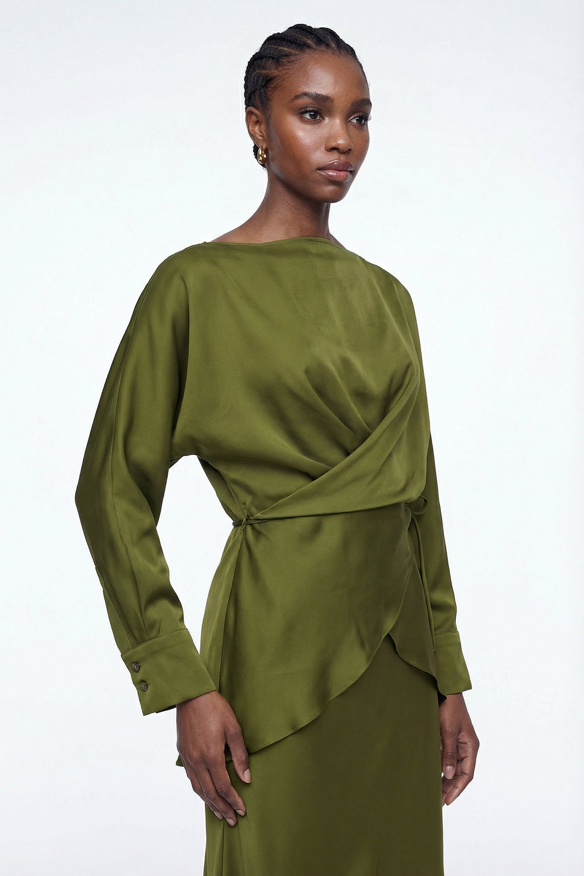 Diamantina Long Sleeve Ruch Skirt Set In Green