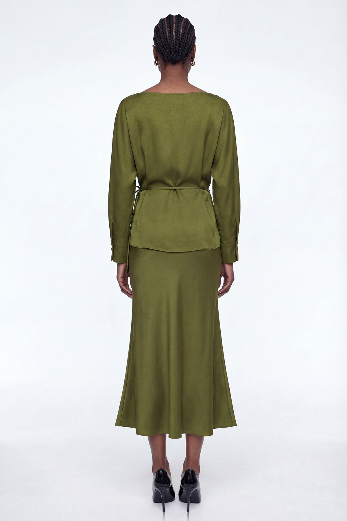 Diamantina Long Sleeve Ruch Skirt Set In Green
